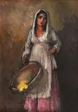Florăreasă by Leon Biju, ulei pe carton, sold Jun 2022