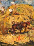 Strânsul fânului by Rudolf Schweitzer–Cumpăna, ulei pe carton, offered Jun 2022