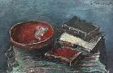 Natură statică cu cărți și ceramică by Gheorghe Petrașcu, cca. 1936, ulei pe pânză, sold Jun 2022