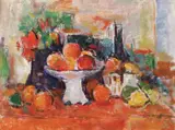 Natură statică cu fructieră by Ion Musceleanu, 1989, ulei pe pânză lipită pe carton, sold Jun 2022