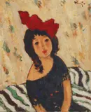 Fundița roșie by Nicolae Tonitza, ulei pe carton, sold Jun 2022