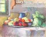 Sándor (Alexandru) Szolnay, Natură statică cu fructe și legume, pastel pe hârtie lipită pe carton