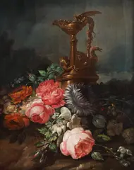 sec. Xviii Școală Spaniolă, Natură statică cu samovar și trandafiri, ulei pe lemn