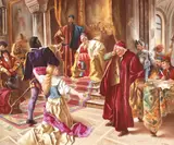Manieră Jack Leigh Wardleworth, Otello și Desdemona, apărându-și dragostea în fața Dogelui, ceramică pictată glazurată