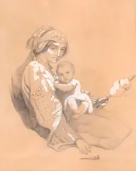 Amélie Daubigny, Maternitate, creion și accente de guașă pe hârtie lipită pe carton
