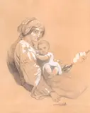 Amélie Daubigny, Maternitate, creion și accente de guașă pe hârtie lipită pe carton