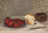 Natură statică cu pâine și farfurie cu căpșuni by Evgenia Alekseevna Maleina, 1953, ulei pe carton, offered May 2022