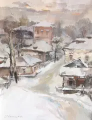 Peisaj de iarnă by Veniamin Kostitsin, 1981, ulei pe carton, sold May 2022