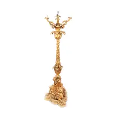 Manufactura Schallenberg, Monumentală torchère Renaissance Revival, din bronz aurit, cu 5 lumini, sfârșitul sec. XIX, bronz aurit