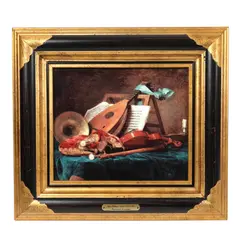 Manufactura Plaue, "Instruments de musique", panou decorativ din porțelan, după lucrarea omonimă a lui Anne Vallayer-Coster, realizată în 1770 și parte din colecția muzeului Luvru, porțelan