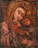 Madona cu pruncul by Magdalena Rădulescu, ulei pe hârtie lipită pe placaj, offered Apr 2022