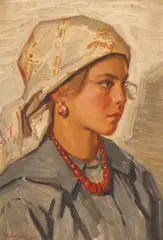 Mario (Marius) Ledda, Țărăncuță cu mărgele roșii, 1921, ulei pe carton