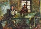 La cârciumă by Rudolf Schweitzer–Cumpăna, 1928, ulei pe carton, sold Mar 2022
