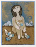 Fata cu păsări by Samy Briss, cromolitografie, sold Mar 2022