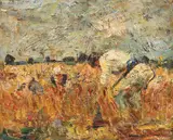 La seceriș by Rudolf Schweitzer–Cumpăna, ulei pe carton, sold Mar 2022