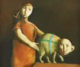 Un cadou frumos (Le chien cadeau) by Georges Mazilu, acrilic pe pânză, sold Mar 2022