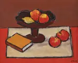 Natură statică cu fructieră și carte by Ion Pacea, ulei pe carton, sold Mar 2022