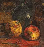 Natură statică cu mere și ulcior by Rudolf Schweitzer–Cumpăna, ulei pe carton, sold Mar 2022