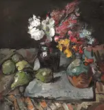 Natură statică cu flori și pere by Gheorghe Petrașcu, ulei pe carton, sold Mar 2022