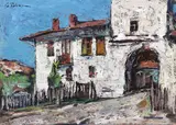 Intrarea Mănăstirii Viforâta by Gheorghe Petrașcu, mijlocul anilor '20, ulei pe carton, sold Mar 2022