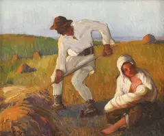 La câmp by Leon Biju, ulei pe carton, sold Mar 2022