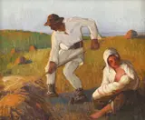 La câmp by Leon Biju, ulei pe carton, sold Mar 2022