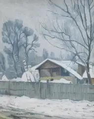 Cicerone Popescu, Iarna în sat, 1952, ulei pe carton