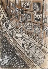 Matei Chintilă, Un oraș periculos (Scenă nocturnă), 1988, acuarelă și tuș pe hârtie