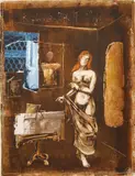 Corneliu Petrescu, În atelier, 1982, ulei, foiță de aur și colaj pe carton