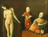 Suzana și bătrânii by Georges Mazilu, ulei pe pânză, sold Feb 2022