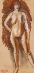 Model în atelier by Corneliu Baba, guașă, cerapastel, cărbune și accente de tempera pe hârtie lipită pe carton, sold Feb 2022
