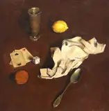 Corneliu Baba, Natură statică cu fructe și cărți de joc, 1979, ulei pe pânză lipită pe carton