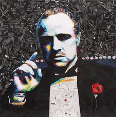 Nașul by Ovidiu Solcan, colaj din reviste reciclate, tăiate și lipite manual pe pânză, sold Feb 2022