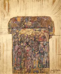 Georgeta Năpăruș, Procesiune, 1991, ulei și foiță de aur pe pânză