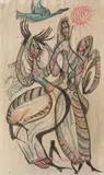 Cele trei grații by Tia Peltz, creioane cerate pe pânză lipită pe carton, sold Feb 2022