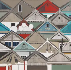 Case în Tulcea by Virginia Toma, 2014, acrilic pe pânză, sold Feb 2022