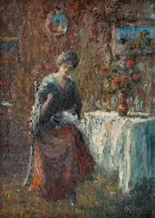 Cusătoreasă by Cornel Raţiu, ulei pe pânză, sold Jan 2022