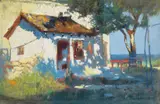 Alexandru Severin, Căsuță la Balcic, pastel pe hârtie lipită pe carton