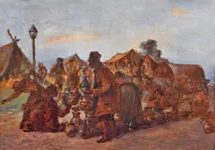 Târg de oale by Pan Ioanid, ulei pe carton, sold Jan 2022