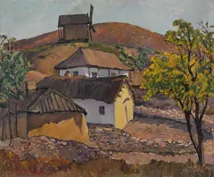 Case dobrogene by Geo (George) Cardaş, ulei pe carton, sold Jan 2022