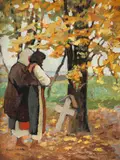 La troiță by Gheorghe Zamphiropol-Dall, ulei pe carton, sold Jan 2022