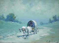 Car cu boi pe înserat by Ion Doboşariu, ulei pe carton, sold Jan 2022