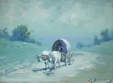 Car cu boi pe înserat by Ion Doboşariu, ulei pe carton, sold Jan 2022