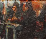 La cârciumă by Rudolf Schweitzer–Cumpăna, ulei pe carton, sold Jan 2022