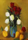 Lalele și gutui by Leon Biju, 1969, ulei pe carton, sold Jan 2022