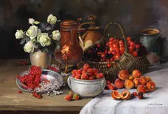 Elena Müller-Stăncescu, Natură statică cu fructe și vas cu trandafiri, ulei pe carton