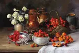 Elena Müller-Stăncescu, Natură statică cu fructe și vas cu trandafiri, ulei pe carton