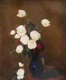 Canceu cu trandafiri albi by Leon Biju, ulei pe carton, sold Jan 2022
