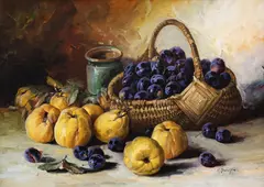 Elena Müller-Stăncescu, Natură statică cu gutui și prune, ulei pe carton