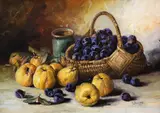 Elena Müller-Stăncescu, Natură statică cu gutui și prune, ulei pe carton